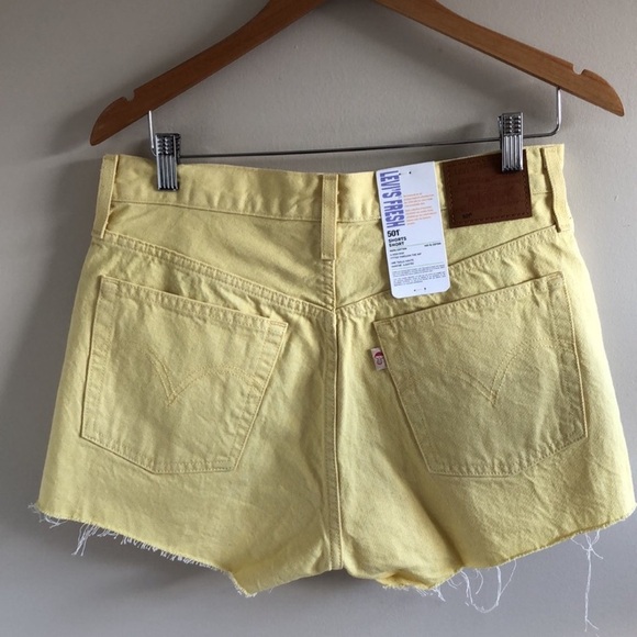 Levi’s 501 high waisted frayed denim cut off shorts yellow button fly - Picture 3 of 6
